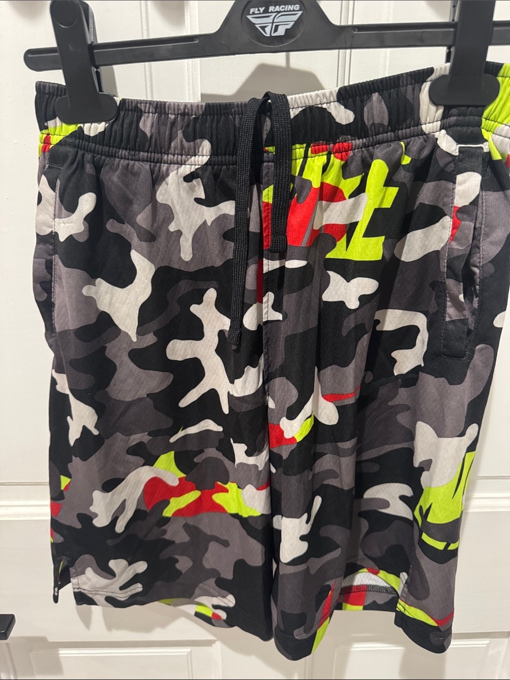 Nike Boys Black Gray Camo Shorts with Neon Yellow & Red Accents